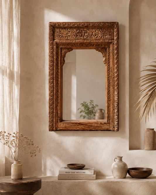 Vintage Hand-Carved Old Teak Wood Wall Mirror Frame with Dual Hanging Clips
