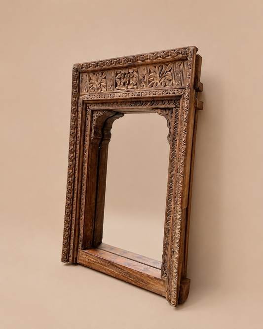 Vintage Hand-Carved Old Teak Wood Wall Mirror Frame with Dual Hanging Clips