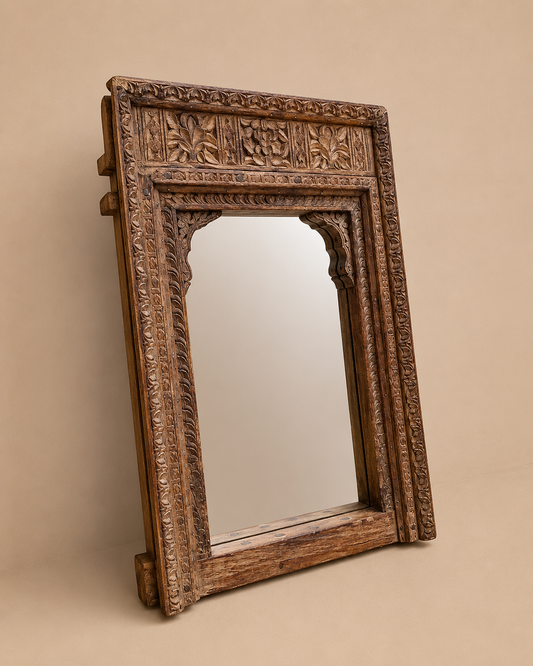 Vintage Hand-Carved Old Teak Wood Wall Mirror Frame with Dual Hanging Clips