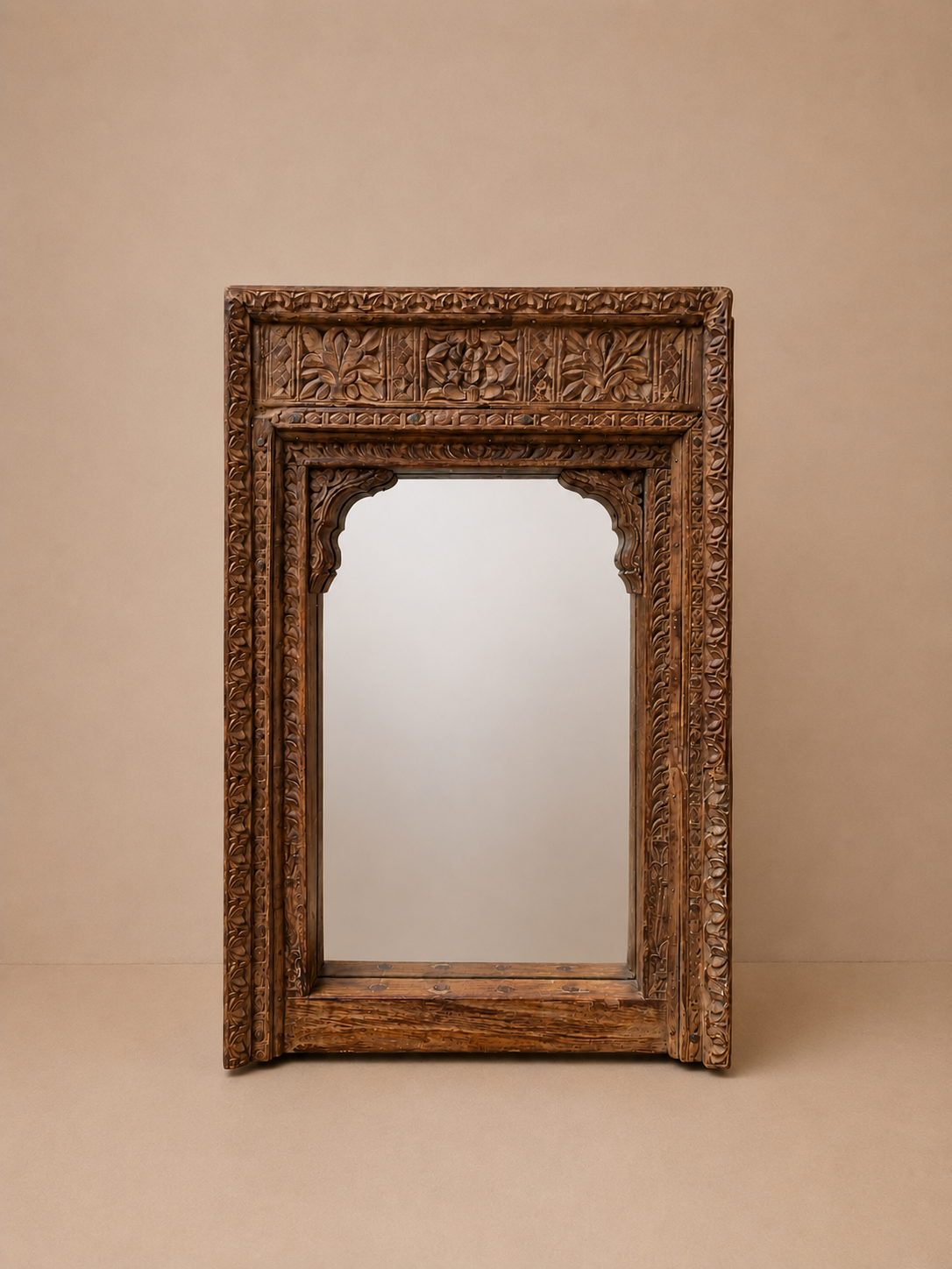 vintage hand-carved old teak wood wall mirror frame with dual hanging clips