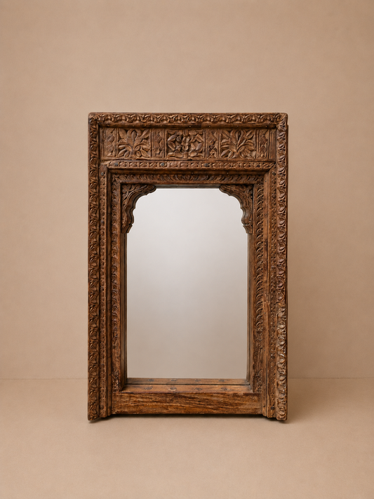 Vintage Hand-Carved Old Teak Wood Wall Mirror Frame with Dual Hanging Clips