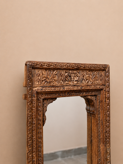 Vintage Hand-Carved Old Teak Wood Wall Mirror Frame with Dual Hanging Clips