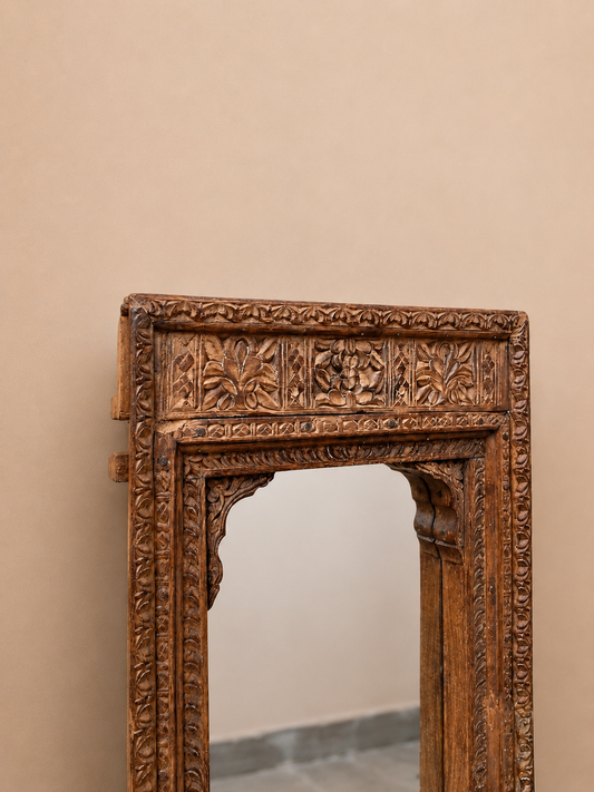 Vintage Hand-Carved Old Teak Wood Wall Mirror Frame with Dual Hanging Clips