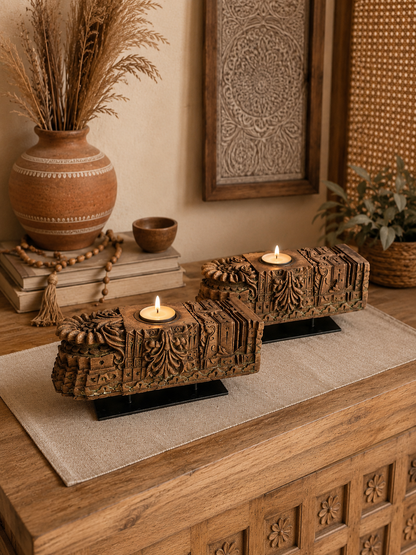 Vintage Hand-Carved Wooden Candle Holders on Iron Stands – Set of 2
