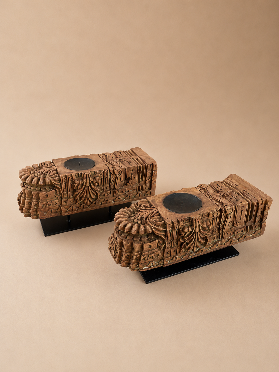vintage hand-carved wooden candle holders on iron stands – set of 2