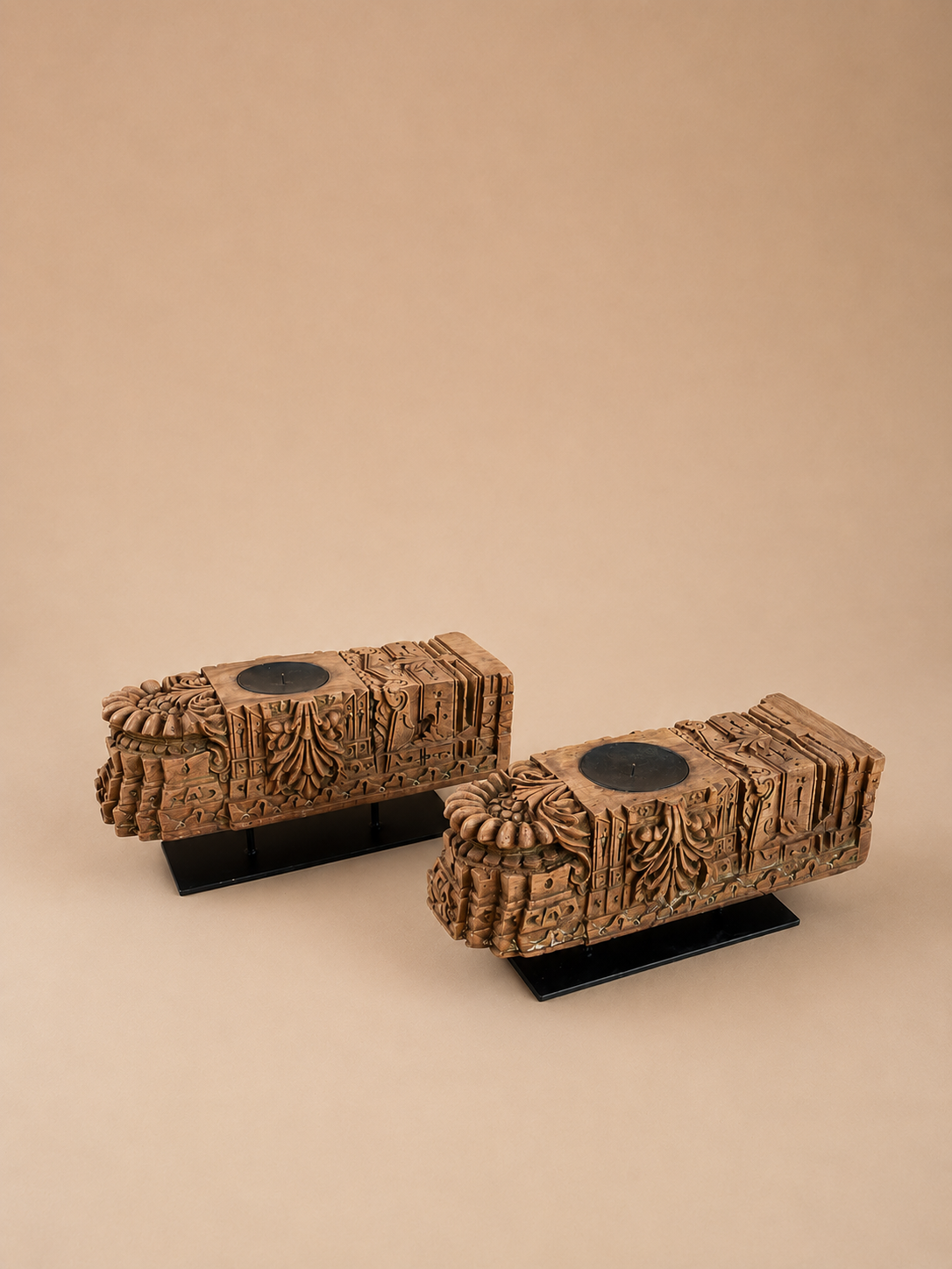 vintage hand-carved wooden candle holders on iron stands – set of 2