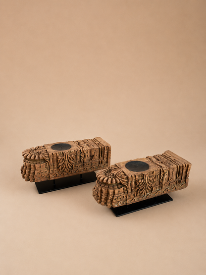 Vintage Hand-Carved Wooden Candle Holders on Iron Stands – Set of 2