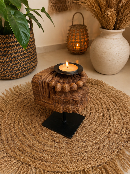Vintage Wooden Candle Holder on Iron Stand