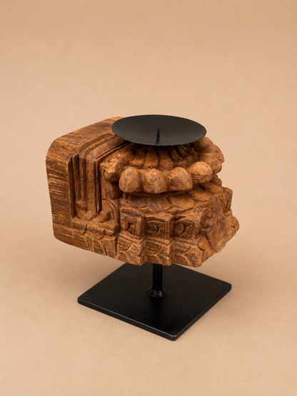 Vintage Wooden Candle Holder on Iron Stand