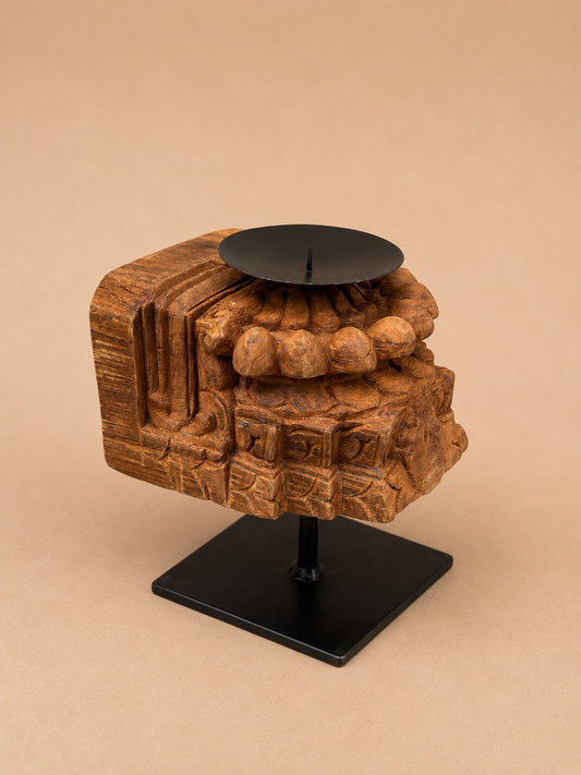 Vintage Wooden Candle Holder on Iron Stand
