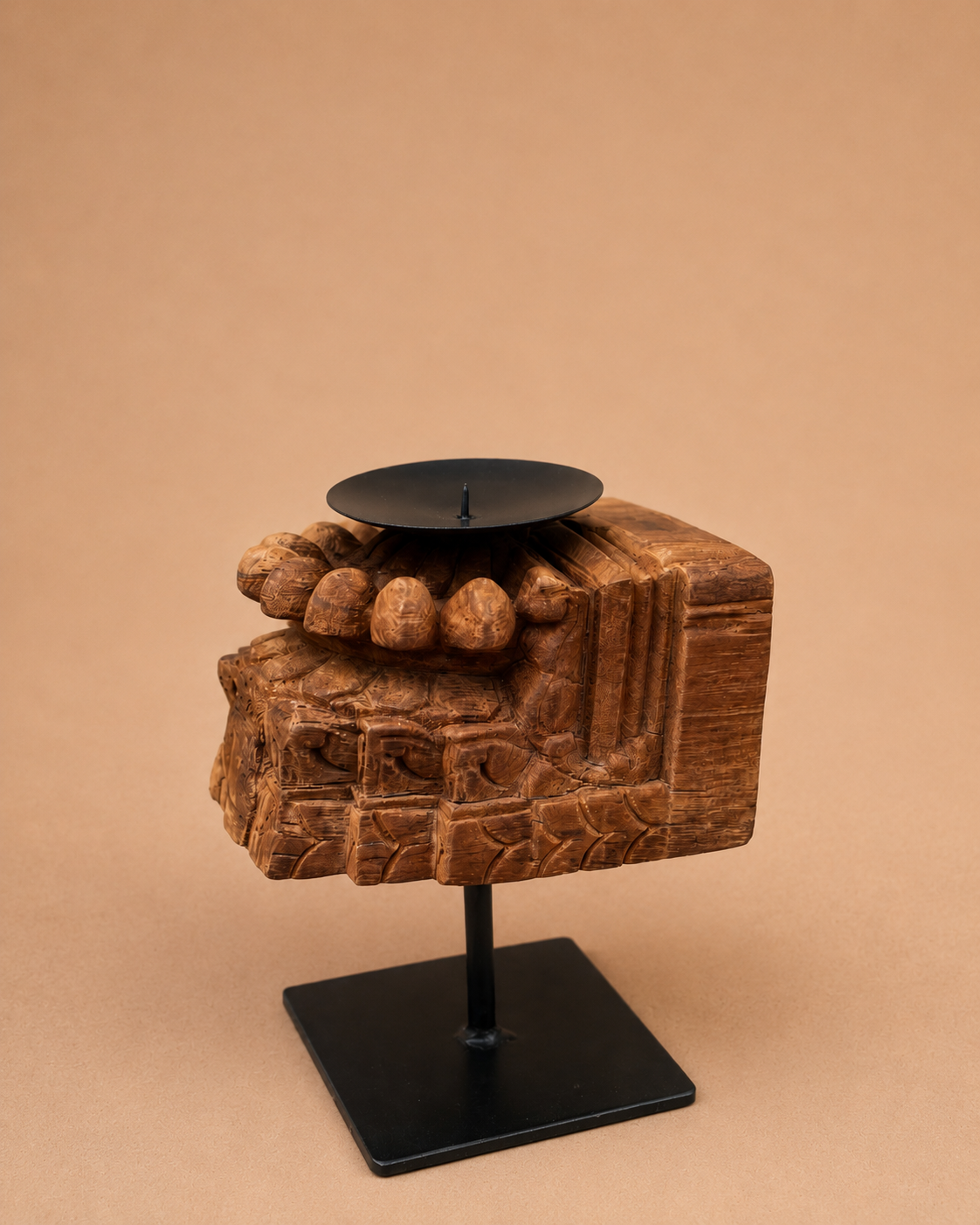 vintage wooden candle holder on iron stand