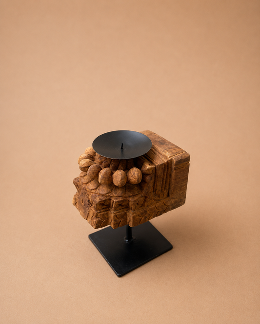 Vintage Wooden Candle Holder on Iron Stand