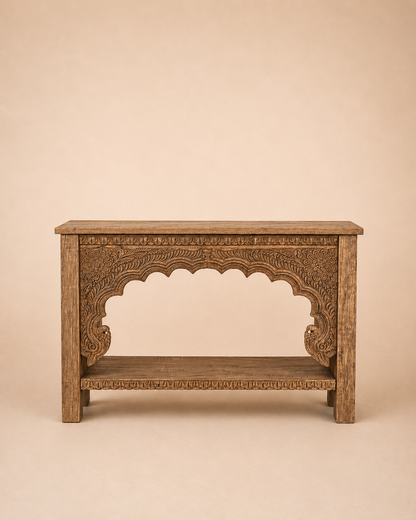 Vintage Hand-Carved Floral Teak Wood Console Table with Shelf