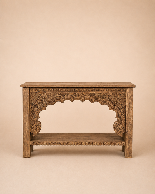 Vintage Hand-Carved Floral Teak Wood Console Table with Shelf