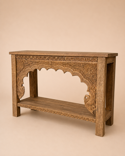 Vintage Hand-Carved Floral Teak Wood Console Table with Shelf