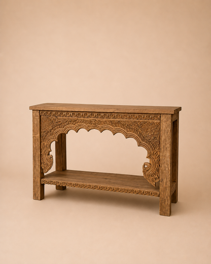Vintage Hand-Carved Floral Teak Wood Console Table with Shelf