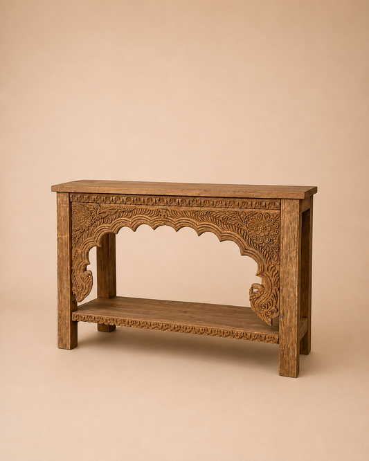 Vintage Hand-Carved Floral Teak Wood Console Table with Shelf