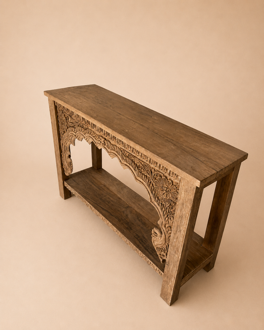 Vintage Hand-Carved Floral Teak Wood Console Table with Shelf