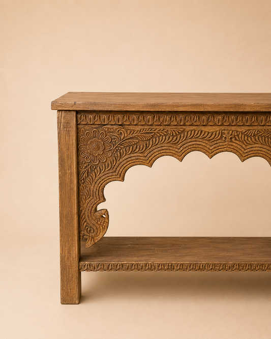 Vintage Hand-Carved Floral Teak Wood Console Table with Shelf