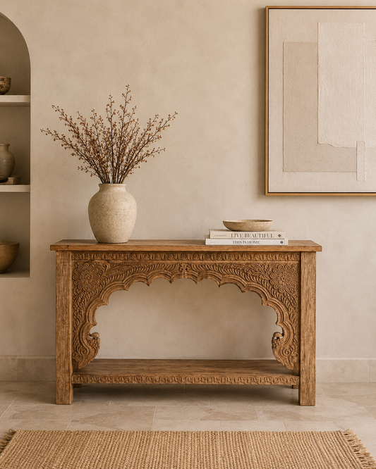 Vintage Hand-Carved Floral Teak Wood Console Table with Shelf