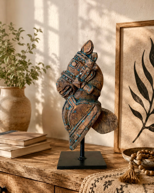 Vintage Distressed Wooden Horse Head Sculpture on Iron Stand