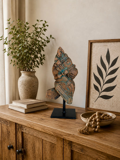 Vintage Distressed Wooden Horse Head Sculpture on Iron Stand