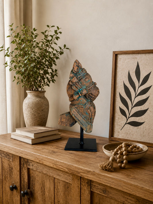 Vintage Distressed Wooden Horse Head Sculpture on Iron Stand
