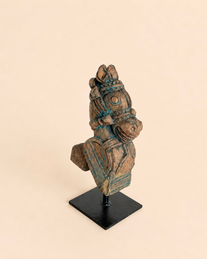 Vintage Distressed Wooden Horse Head Sculpture on Iron Stand