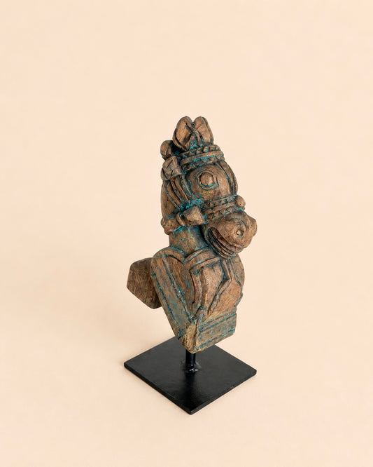 Vintage Distressed Wooden Horse Head Sculpture on Iron Stand