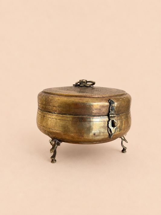 Antique Hand-Etched Brass Chapati Box with Decorative Three-Legged Base | Vintage Indian Storage Box