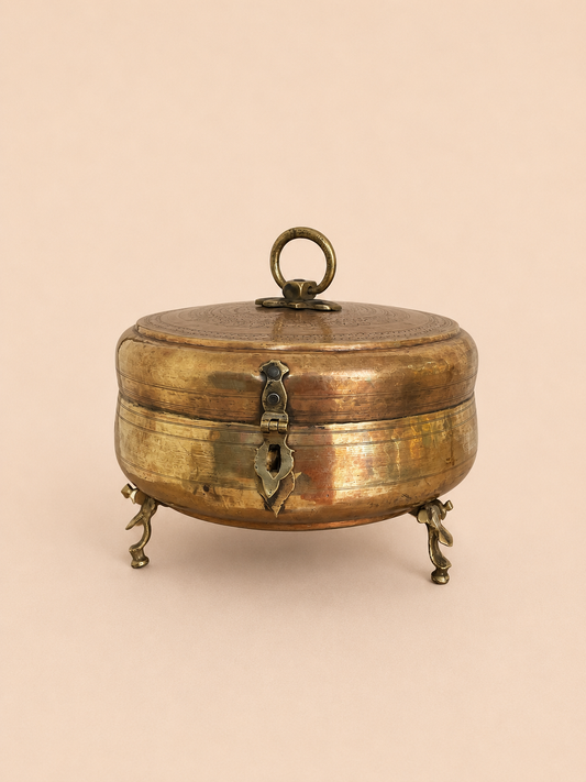 Antique Hand-Etched Brass Chapati Box with Decorative Three-Legged Base | Vintage Indian Storage Box