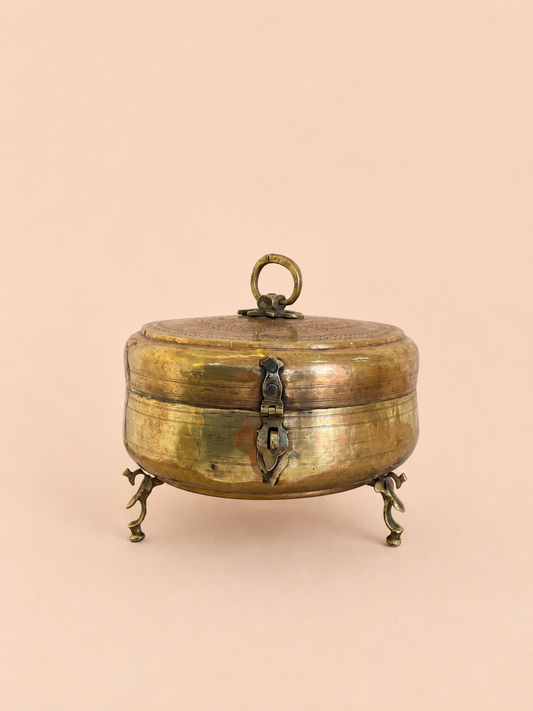 Antique Hand-Etched Brass Chapati Box with Decorative Three-Legged Base | Vintage Indian Storage Box