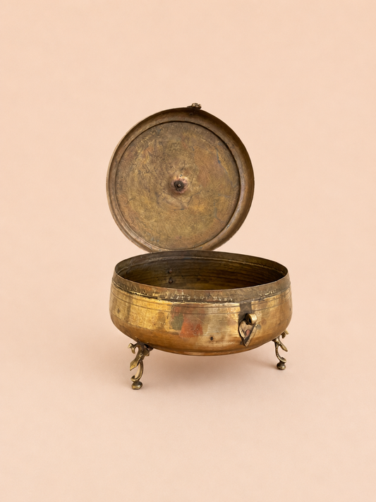 Antique Hand-Etched Brass Chapati Box with Decorative Three-Legged Base | Vintage Indian Storage Box