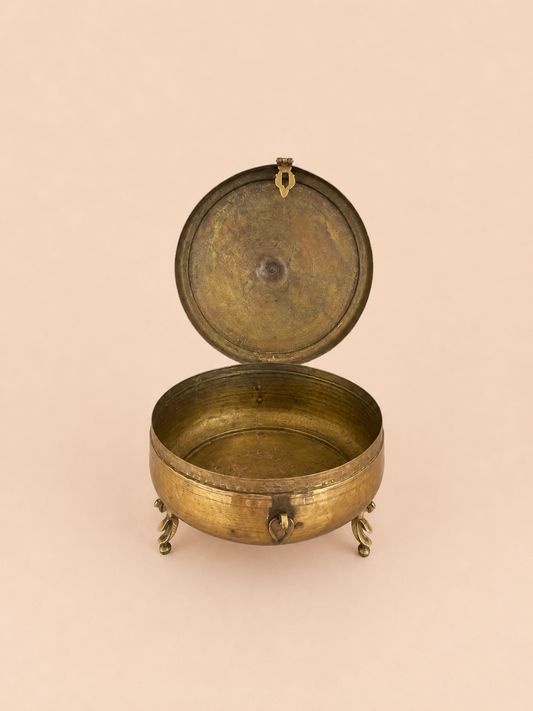 Antique Hand-Etched Brass Chapati Box with Decorative Three-Legged Base | Vintage Indian Storage Box