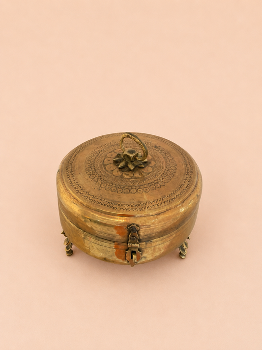Antique Hand-Etched Brass Chapati Box with Decorative Three-Legged Base | Vintage Indian Storage Box