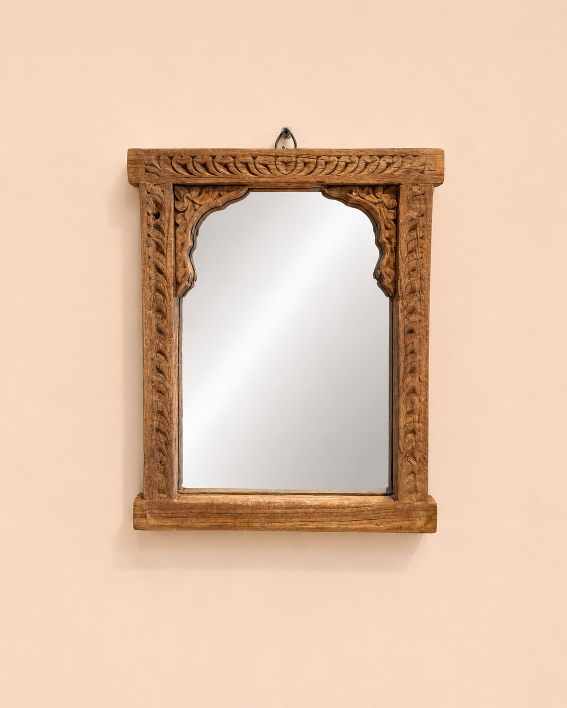 vintage hand-carved teak wood wall hanging mirror frame