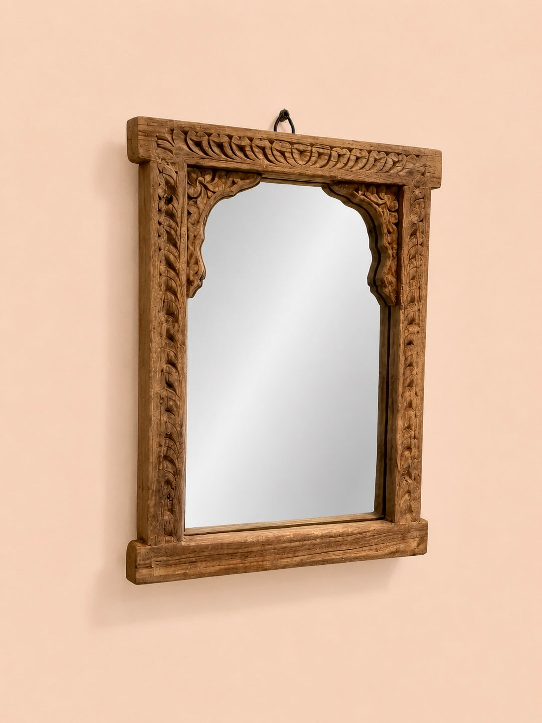 vintage hand-carved teak wood wall hanging mirror frame