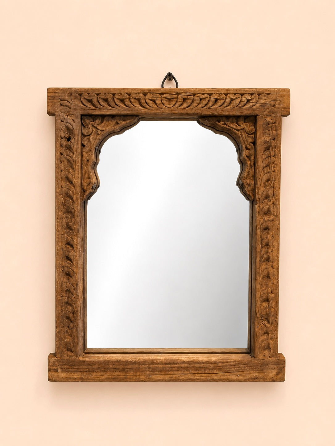 vintage hand-carved teak wood wall hanging mirror frame