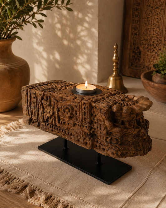 Vintage Hand-Carved Wooden Heritage Candle Holder