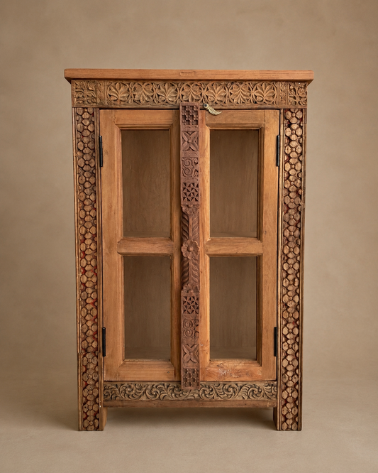 Teak Wood Carved Storage Cabinet with Glass Doors / Shoe Rack Cabinet