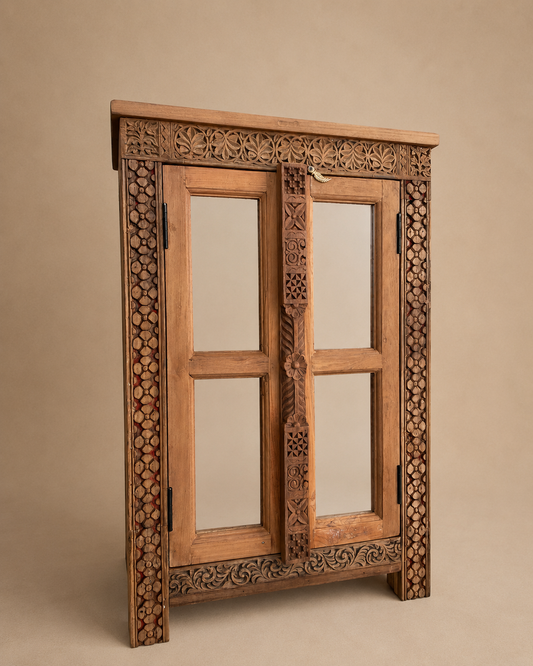 Teak Wood Carved Storage Cabinet with Glass Doors / Shoe Rack Cabinet