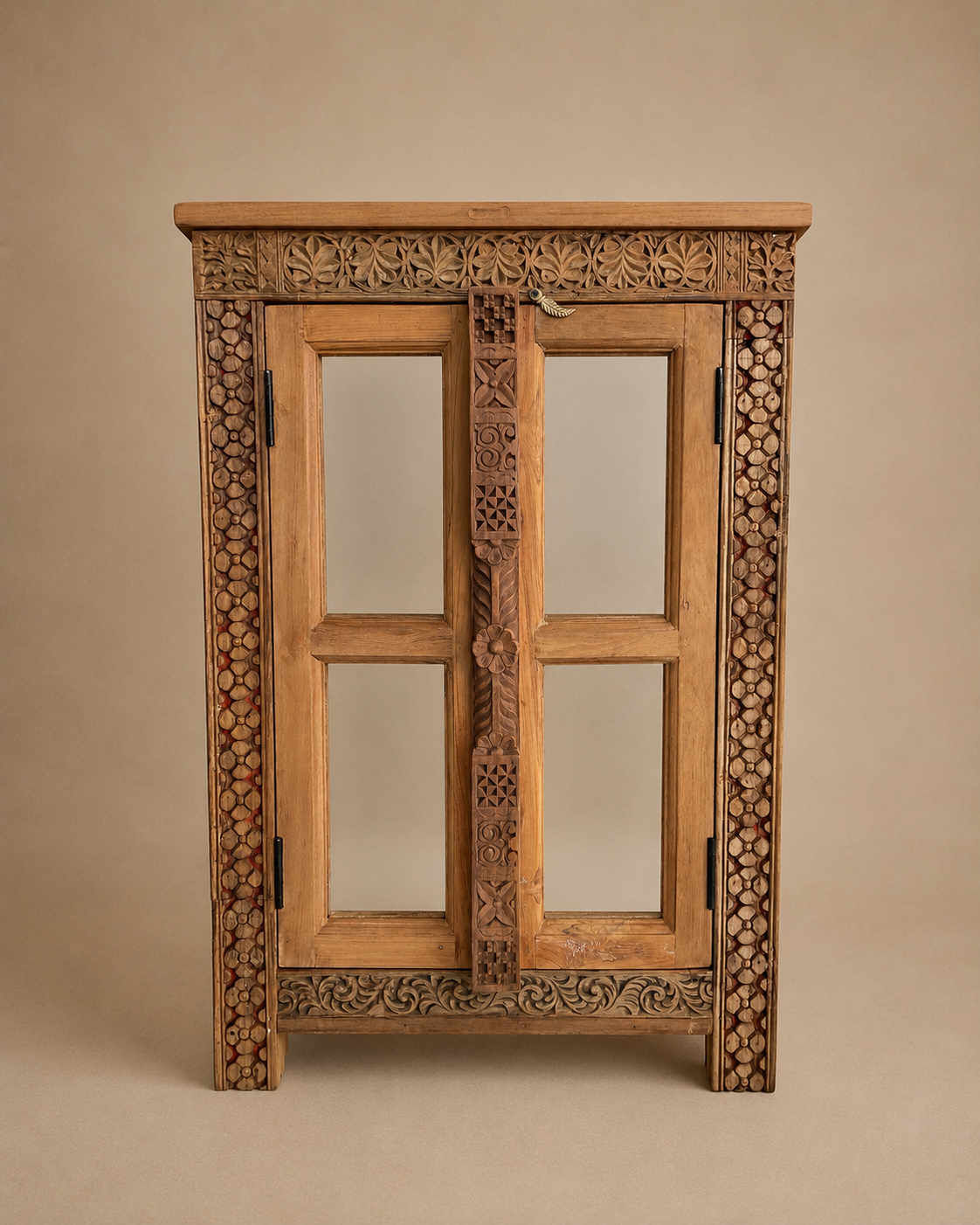 teak wood carved storage cabinet with glass doors / shoe rack cabinet
