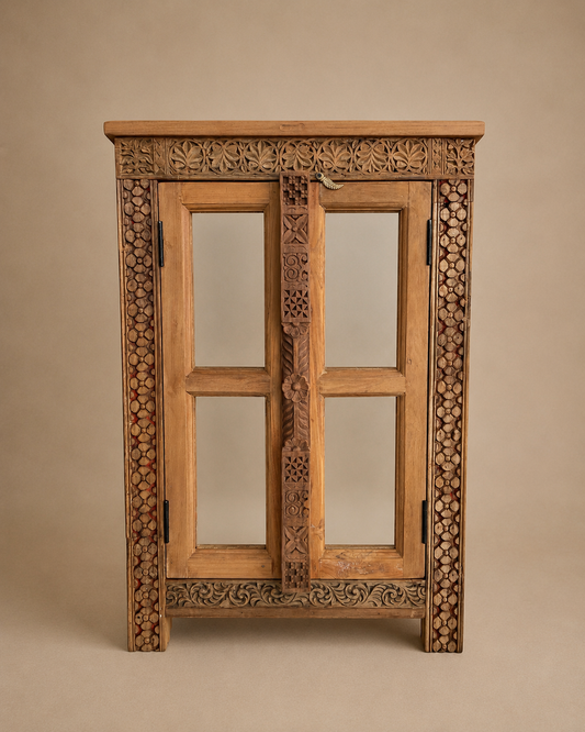 Teak Wood Carved Storage Cabinet with Glass Doors / Shoe Rack Cabinet