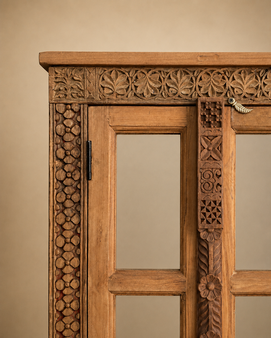 Teak Wood Carved Storage Cabinet with Glass Doors / Shoe Rack Cabinet