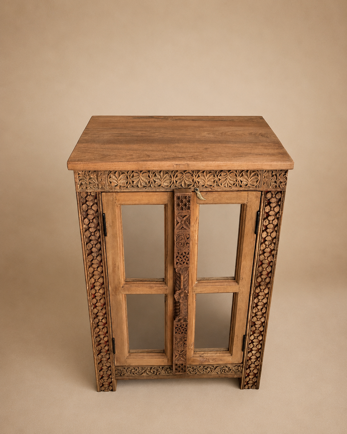 teak wood carved storage cabinet with glass doors / shoe rack cabinet
