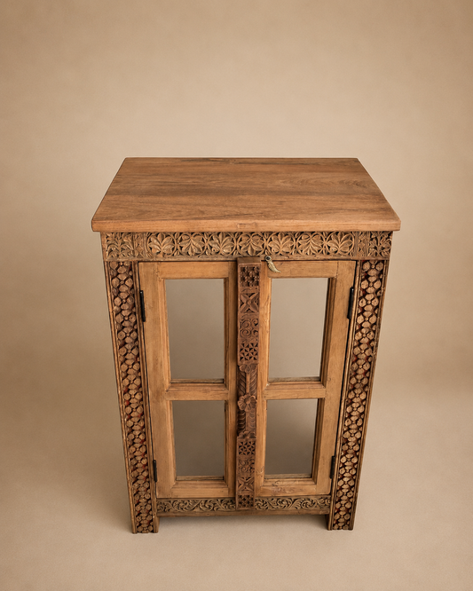 Teak Wood Carved Storage Cabinet with Glass Doors / Shoe Rack Cabinet