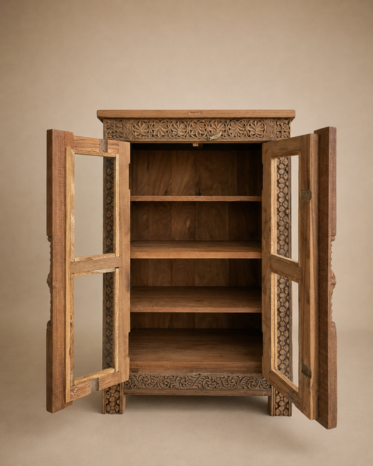 Teak Wood Carved Storage Cabinet with Glass Doors / Shoe Rack Cabinet