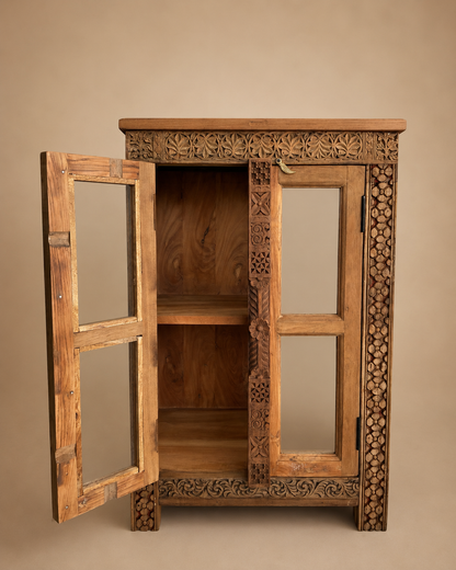 Teak Wood Carved Storage Cabinet with Glass Doors / Shoe Rack Cabinet