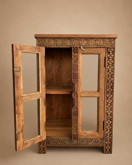 Teak Wood Carved Storage Cabinet with Glass Doors / Shoe Rack Cabinet
