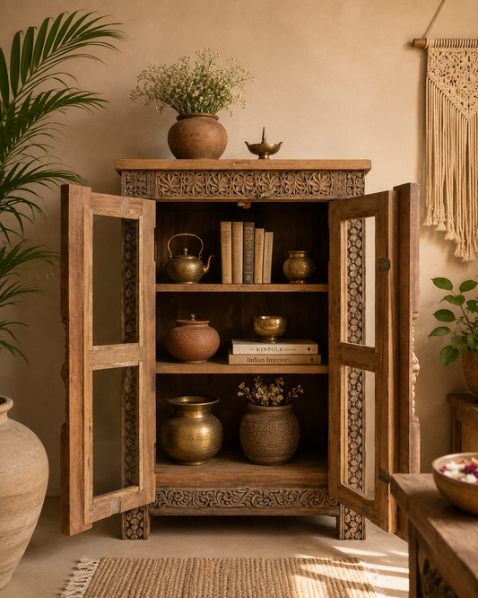 Teak Wood Carved Storage Cabinet with Glass Doors / Shoe Rack Cabinet